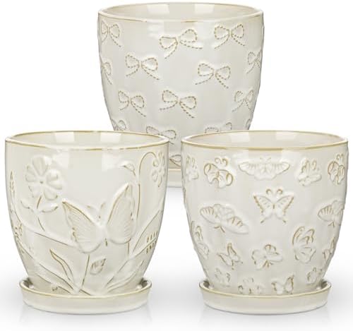 Hollyone Set of 3 White Ceramic Planter 6 Inch Flower Plant Pot with Drainage Hole and Saucer for Plants Embossed Indoor Outdoor Garden Embossed Ceramic Glazed Round Pot for Succulent Orchid - Image 7