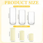 12-Pack Ivory Pillar Candles (2''X3,4,6) & 12-Pack Glass Cylinder Vases(2.6''X5,6,8),Hurricane Candles,Wedding Centerpiece Decor Set-Mixed Heights for Table, Proposal, Event. - Image 2