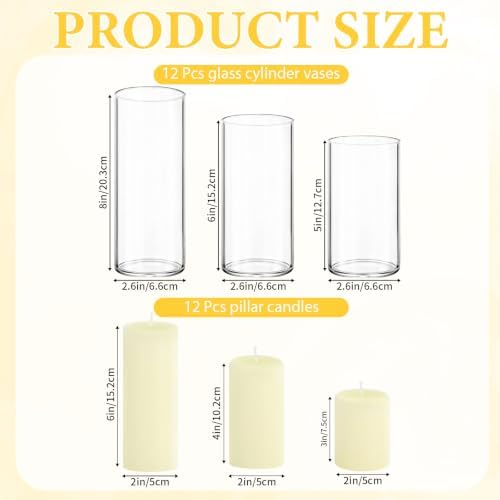 12-Pack Ivory Pillar Candles (2''X3,4,6) & 12-Pack Glass Cylinder Vases(2.6''X5,6,8),Hurricane Candles,Wedding Centerpiece Decor Set-Mixed Heights for Table, Proposal, Event. - Image 2