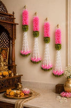 Divyakosh Hanging Gajra Set of 4 | Small 15 Inch Pink-Green Fabric Floral Wall Hangings | Temple & Pooja Room Decoration Items | Backdrop Decor for Festivals & Diwali by Divyakosh