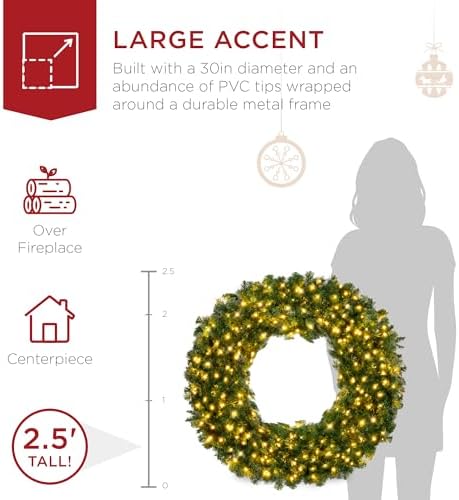 Best Choice Products 30in Large Artificial Pre-Lit Fir Christmas Wreath Holiday Accent Decoration w/ 100 LED Lights, 220 PVC Tips - Image 4