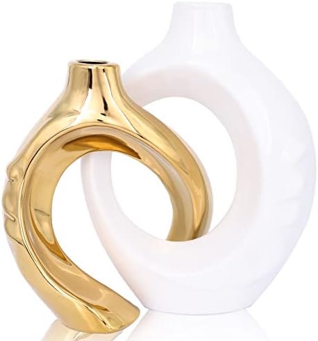 White and Gold Ceramic Vase Set of 2, Modern Donut Vases for Home Decor by oliruim