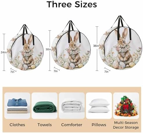 24 Inch Round Storage Bag 1 Pack,Easter Rabbit Wreath Colorful Egg Waterproof Wreath Storage Container with Handles&Zipper Spring Meadow Wild Flower Closet Organizer Bags Garland Box - Image 7