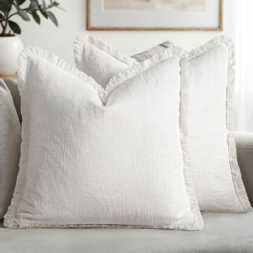 MIULEE Boho Linen Fringe Decorative Throw Pillow Covers White 20x20 by MIULEE
