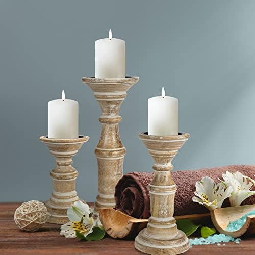 Homebia Design White Wash Pillar Candle Holder Set of 3 – 10, 8, 6 Inch - Image 2