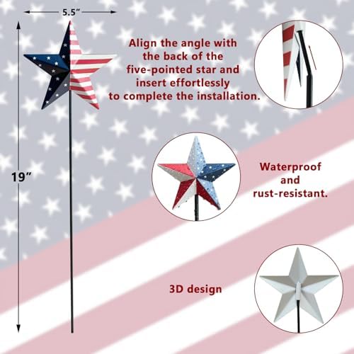 4th of July Decorations Outdoor 19" Metal Barn Star 6-Pack, Patriotic Outdoor Decorations, Rustic Iron Decorative Garden Stakes with American Flag Stars for Yard Patio Lawn - Image 3