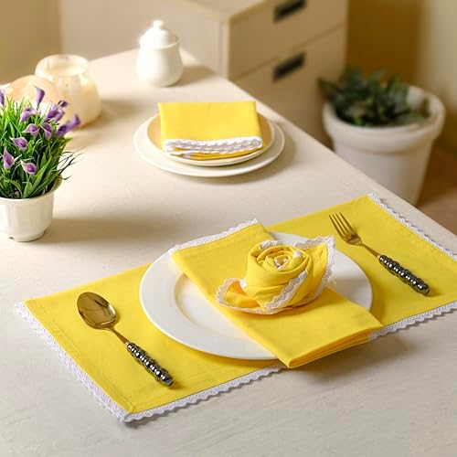 FINGERCRAFT Lace Cloth Napkins, Cotton Linen, 12 Pack, 20x20 Inch, Yellow - Image 3