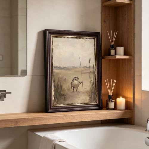 Dark Brown Framed Frog Canvas Wall Art Nature Vintage Country Toad painting Decor Pictures Melancholy Cute Frog Bedroom Living Posters Prints for Corridor Classroom Bedroom Kitchen Room Decoration - Image 4
