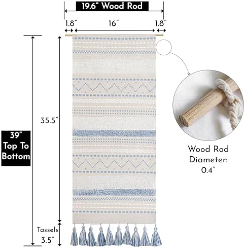 BlissBlush Long Vertical Wall Hanging Tapestry Coastal Blue Woven Boho Farmhouse Décor Tassel Handmade Wall Art Decoration for Bedroom Living Room Dorm Nursery Apartment, 16x39 INCH - Image 3