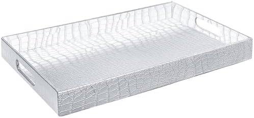 Home Redefined 17.5"x12" Silver Glossy Crocodile Faux Leather Serving Tray Beautiful Modern Elegant Decorative Tray with Handles Ottoman Coffee Table Ottoman Perfume Makeup Display for All Occasion's by HomeRedefined