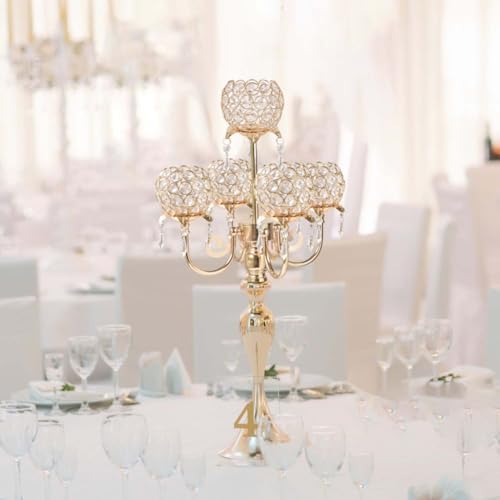 Set of 4 Candlesticks 5 Arm Crystal Strap Pendant Gold Table Decor Candelabra, 22.5 inches Elegant Dining Room Centerpieces for Holiday Parties Weddings (4, Gold) - Image 5
