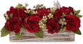 Flower Arrangement with Wooden Vase 14" Artificial Flowers in Pot - Fake Flowers Roses Peonies Hydrangeas in Wooden Vase Potted Artificial Flower Centerpieces for Table Decor Living Room - Red by DILATATA