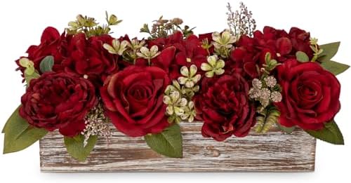 Flower Arrangement with Wooden Vase 14" Artificial Flowers in Pot - Fake Flowers Roses Peonies Hydrangeas in Wooden Vase Potted Artificial Flower Centerpieces for Table Decor Living Room - Red by DILATATA