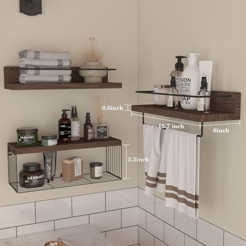 PopiShelves Bathroom Shelves Over Toilet for Wall, Floating Shelves with Storage Basket Paper Holer for Kitchen Living Room, Bedroom & Classroom, Set of 3 (Dark Brown) - Image 3