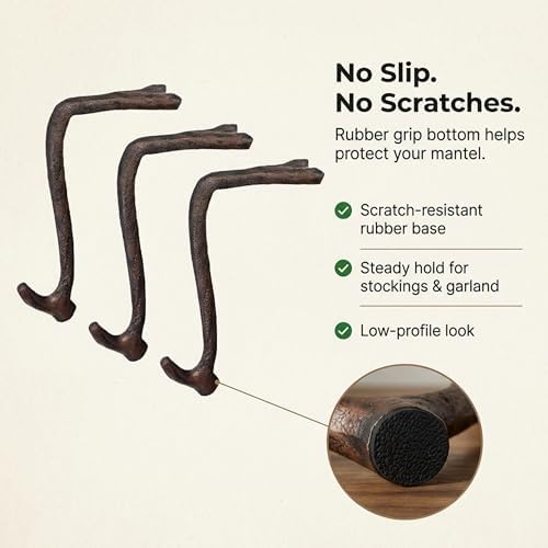 Lulu Decor,100% Cast Iron 8" Brown Straight Branch Stocking Holder for mantle Holds Up to 9 lbs Low Profile Design with Rubber Grip Ideal for Christmas Stockings Garland Holder Antler shape (Set of 5) - Image 2