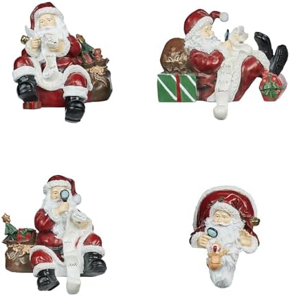 Touch of Class Checking It Twice Christmas Stocking Holder Set of Four Exclusive Holiday Decor | 4 Handpainted Classic Christmas Sculptures Featuring Santa Claus | Decorative Holiday Hook Hanger Set by TouchofClass