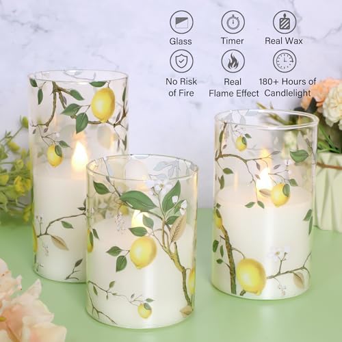 Flameless LED Candles with Remote Lemon Decal Glass Flickering Battery Operated Candles for Home Room Party Wedding Holiday Christmas Decor - Set of 3 - Image 5