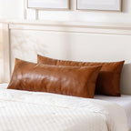 Fancy Homi Brown Boho Long Lumbar Faux Leather Body Decorative Throw Pillow Cover 14x36 Inch for Bedroom Couch Bed Bench, Thick Stylish Solid Rectangle Pillowcase, Rustic Modern Farmhouse Room Decor - Image 5