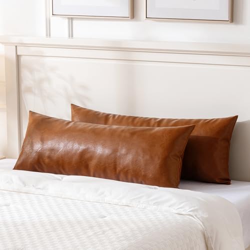 Fancy Homi Brown Boho Long Lumbar Faux Leather Body Decorative Throw Pillow Cover 14x40 Inch for Bedroom Couch Bed Sofa Bench, Thick Stylish Solid Square PillowCase, Rustic Modern Farmhouse Room Decor - Image 5