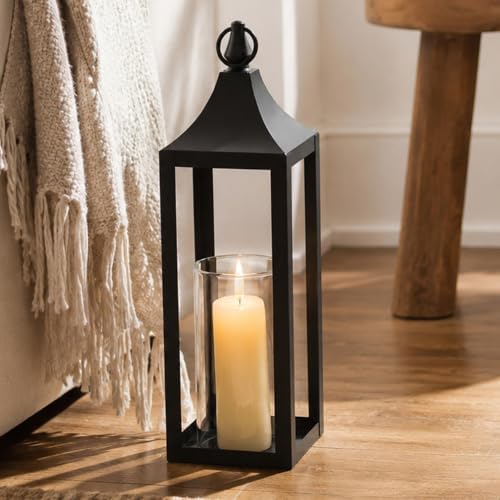 NUPTIO Black Metal Outdoor Lantern: Hurricane Glass Candle Holder for Porch by Nuptio