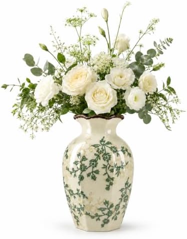 Ceramic Vase for Flowers, 9 Inch Vintage Rustic Floral Vase with Crackle Glaze, Octagonal Hand-Painted Green Vine Vase, Farmhouse Decorative Vase for Living Room, Bedroom, Entryway, Table Centerpiece by Vimour
