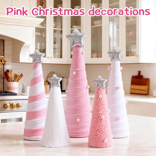 Realspring 5 Pcs Pink White Velvet Christmas Cone Tree Table Decoration - Image 4