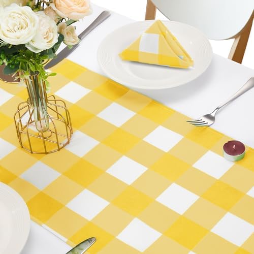 Cupuamon Fabric Checkered Table Runner 6 Pack Waterproof Gingham Table Runner 14W x 108L Buffalo Check Table Runners for Parties Kitchen Dining Wedding Banquet (Yellow and White) - Image 5