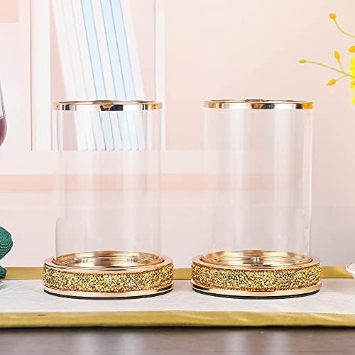 Pillar Candle Holders Set of 2,Hurricane Candle Holders,Candlesticks Holder With Glass Hurricane Lid,Metal Candle Holder For Coffee Dining Table, Wedding, Christmas, Home Decoration,Gold Candle Holder - Image 2