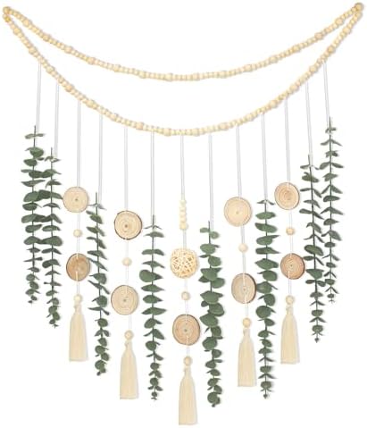 Artificial Eucalyptus Wall Decor with Wicker Ball Natural Boho Home Decorations Hanging Wooden Bead Garland for Large Bedroom Bathroom Living Room, 32 x 32 Inch by Cyitimo