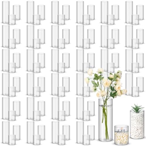 Nuogo 90 Pcs Plastic Cylinder Vases Tall Plastic Flower Vases for Centerpieces Hurricane Candle Holder for Home Wedding Office Party Formal Dinners Decorations (4''/6''/8'') by Nuogo