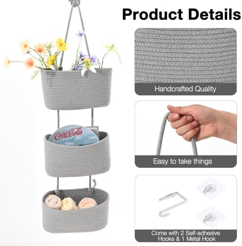 ICERZCZ Hanging Baskets for Organizing, Over the Door Decorative Storage Organizer, Nursery Decor Organization, 3-Tier Wall Basket for Entryway Playroom Bathroom Closet, Light Gray - Image 6