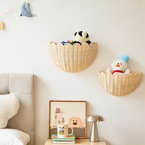 Scalloped Wall Hanging Shelves, Hand-Woven Wicker Wall Basket Decor, Boho Natural Rattan Decor – for Home, Living Room, Nursery Room (16 x 12 x 7 & 14 x 8 x 6 Inch) - Image 2