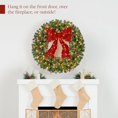 Best Choice Products 60in Pre-Lit Christmas Wreath w/Berries & Pinecones, Large Artificial Indoor/Outdoor Decor for Door, Mantel w/Red Bow, Plug-in - Image 5
