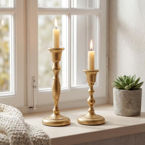 Gold Taper Candle Holders Set of 2 Cast Iron Vintage Christmas Candlestick by Novyxis
