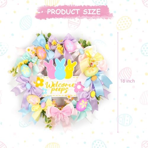 18 Inch Easter Wreath Floral Bunny Egg Wreath with Welcome Sign for Front Door Home Decor Easter Decorations Indoor Outdoor - Image 2
