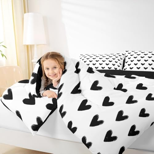 Love Comforter Set King White and Black Heart Pattern Bedding for Women Men Teens Valentine Day Gift Down Comforter Cartoon Love Heart Quilted Duvet Geometric Soft Warm Bedding Sets Bedroom Decor - Image 6