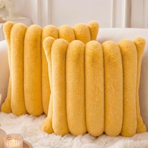 Faux Fur Decorative Throw Pillow Covers 20x20 Set of 2, Yellow by Symplora