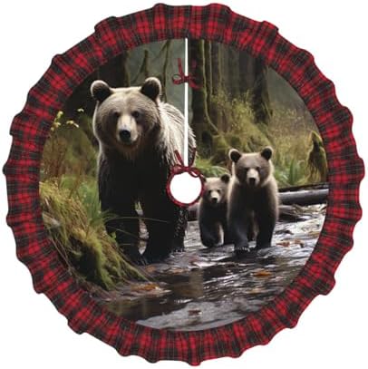 Christmas Tree Skirt 48" Burlap Rustic Xmas Tree Mat Mother Bear and her Cubs Plaid Christmas Tree Cover Skirt Mat for Christmas Decorations Holiday Party Home Decor Indoor Outdoor - Image 5