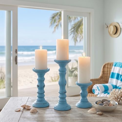 Set of 3 Light Blue Candle Holders Rustic Farmhouse Mango Wood Candlestick Holder Large Pillar Candle Stand Vintage Antique Home Decor for Table Centerpieces Fireplace Mantel, 12", 9", 6" H - Image 3