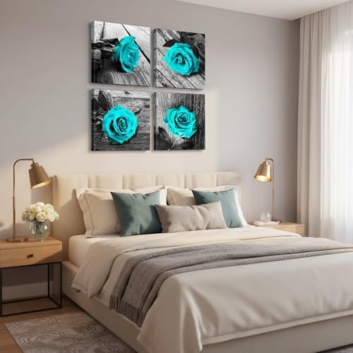 4-Piece Teal Rose Canvas Wall Art Decor 12x12in Framed Artwork for Bathroom - Image 5