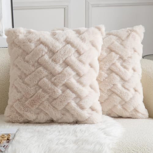 Yaertun Set of 2 Decorative Throw Pillow Covers Thick Plush Wool Throw Pillows Super Soft Luxury Faux Rabbit Fur Velvet Cushion Covers for Couch Sofa Bed Living Room 24x24 Inch Beige by YAERTUN