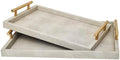 Modern Decorative Tray Set of 2 Ivory Shagreen Leather and Wood Serving Tray with Gold Polished Metal Handles for Ottoman, Coffee Table, Bathroom and More by UPPER+DECOR