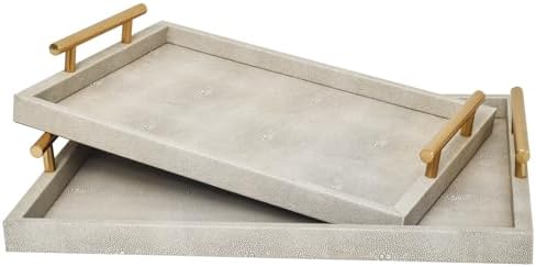 Modern Decorative Tray Set of 2 Ivory Shagreen Leather and Wood Serving Tray with Gold Polished Metal Handles for Ottoman, Coffee Table, Bathroom and More by UPPER+DECOR