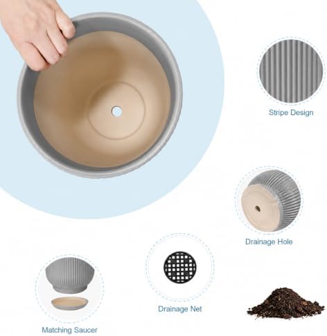 Deep Dream 10 Inch Ceramic Pots for Plants, Heavy Plant Pot for Indoor Outdoor Plants, Large Plant Pot with Drainage Hole and Saucer, Modern Tall Flower Pot, Gifts for Plant Lovers, Grey - Image 5