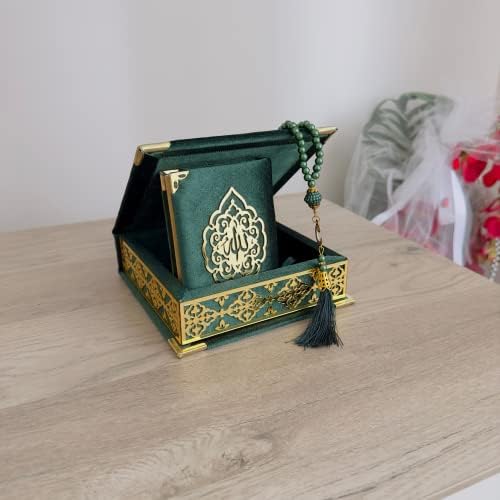 VOGUEHOMEDECOR Velvet Covered Quran Tasbeeh Islamic Gift Set | Holy Prayer Beads Wooden Box Birthday, Wedding Islam Graduation Muslim Favor Eid, Ramadan (Green), Small Size / (6 x 6 in) Box-(3.8 4.85 - Image 4