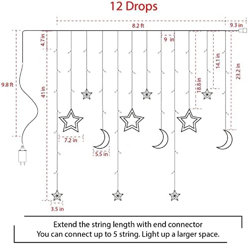 Christmas LED Curtain String Lights - 18FT 12 Drops 138 LED Star Moon Hanging Lights with Remote, 8 Modes, 6H Timer, Waterproof Connectable Window Lights for Indoor Outdoor Holiday Decorations - Image 6
