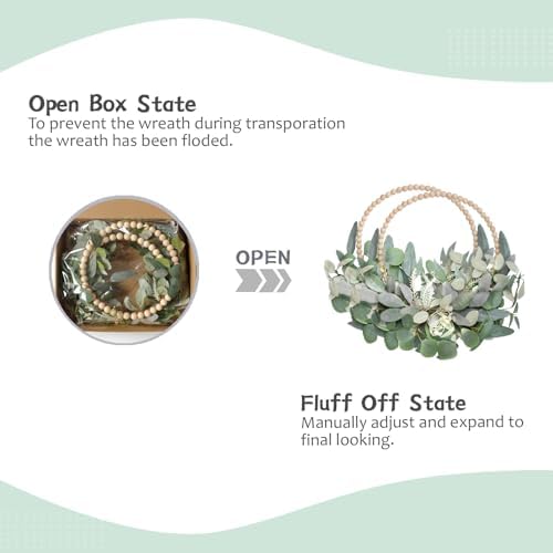 TEMPUS 2Pcs 16" Artificial Eucalyptus Wreaths - Handmade Wooden Bead & Lamb's Ear Spring Wreaths for Front Door, Farmhouse Wall Decor, Holiday Party - Image 3