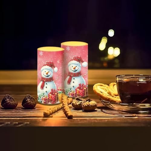 Flameless Pillar Candles Christmas Decorations Snowman Pink Snowflake Flameless Candles with 18-Key Remote Timer for Home Bedroom Living Room Dining Room Table Decorations Set of 2 - Image 7