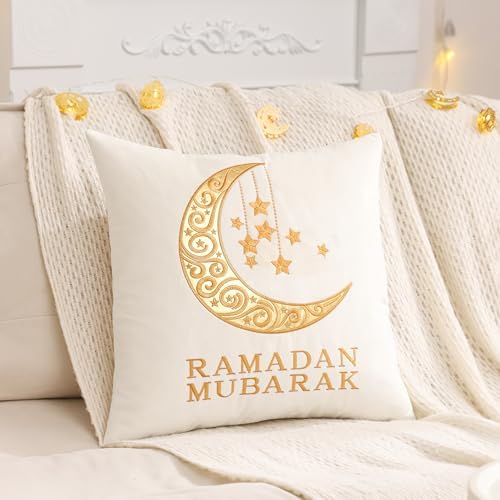 Ramadan Pillow Covers 18x18 inch Set of 2 Beige and Gold Velvet Throw Pillow Covers Ramadan Eid Mubarak Cushion Covers Moon and Star Decorations for Home Couch Sofa Outdoor - Image 4