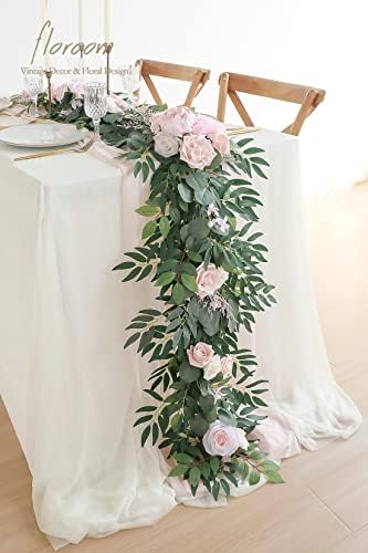 Floroom 6ft Artificial Eucalyptus Garland with Flowers Fake Greenery Faux Floral Vine Garland for Table Decor Wedding Centerpieces Bridal Shower Party Decorations, Blush & Cream - Image 2